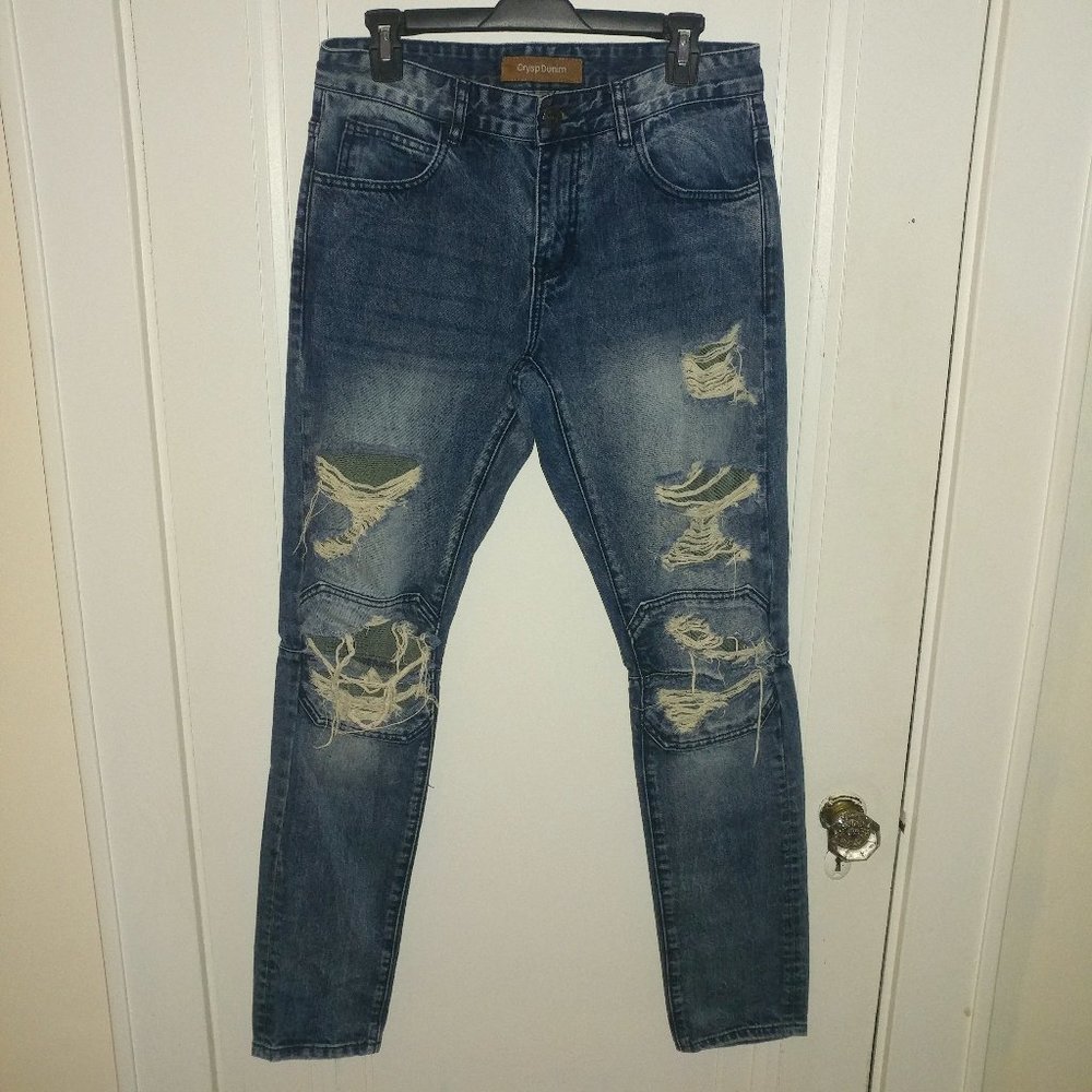 CRYSP DENIM: Distressed Skinny Moto Jeans - Men's Size 30